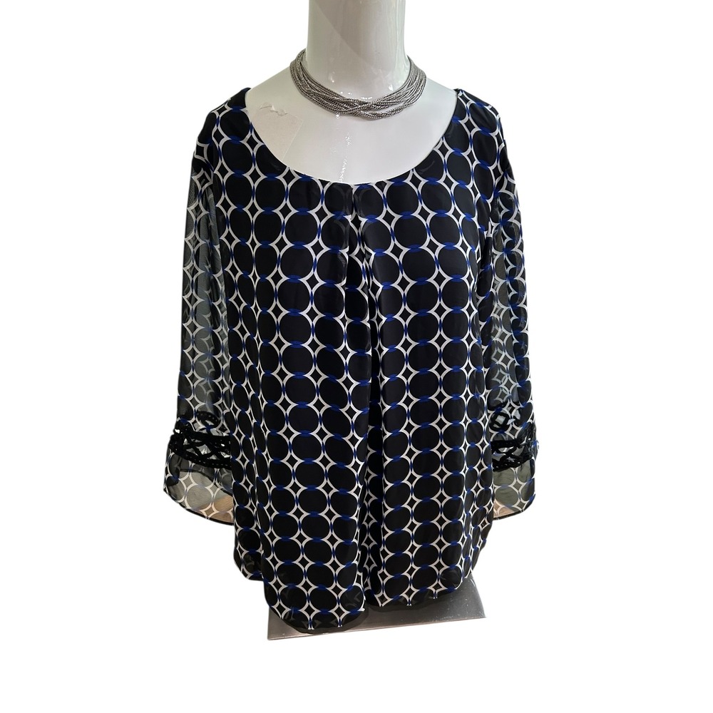 AGB Chic Women's Black Circle Print‎ Semi Sheer Sleeve Blouse Top L
